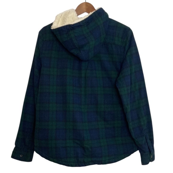 LL Bean Hoodie Womens Small Blue Scotch Plaid Flannel Sherpa Fleece Zip Shacket - Picture 2 of 16